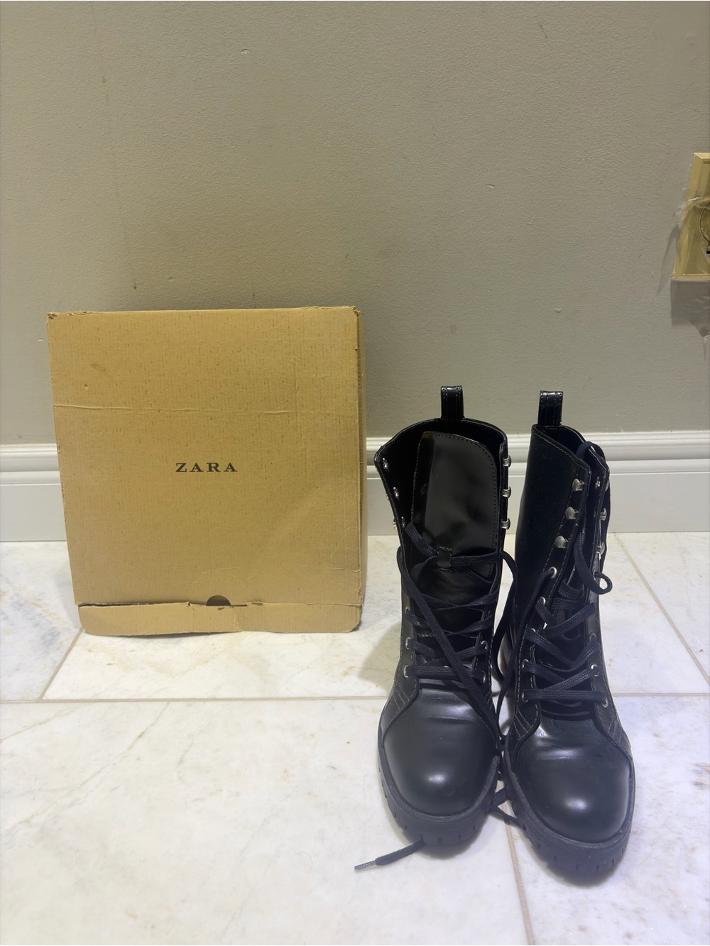 Zara Black Studded Lace-Up Combat Boots